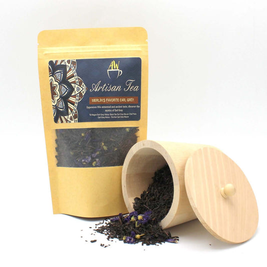 50g Merlin's Favourite Earl Grey loose leaf tea in a wooden container with floral accents.