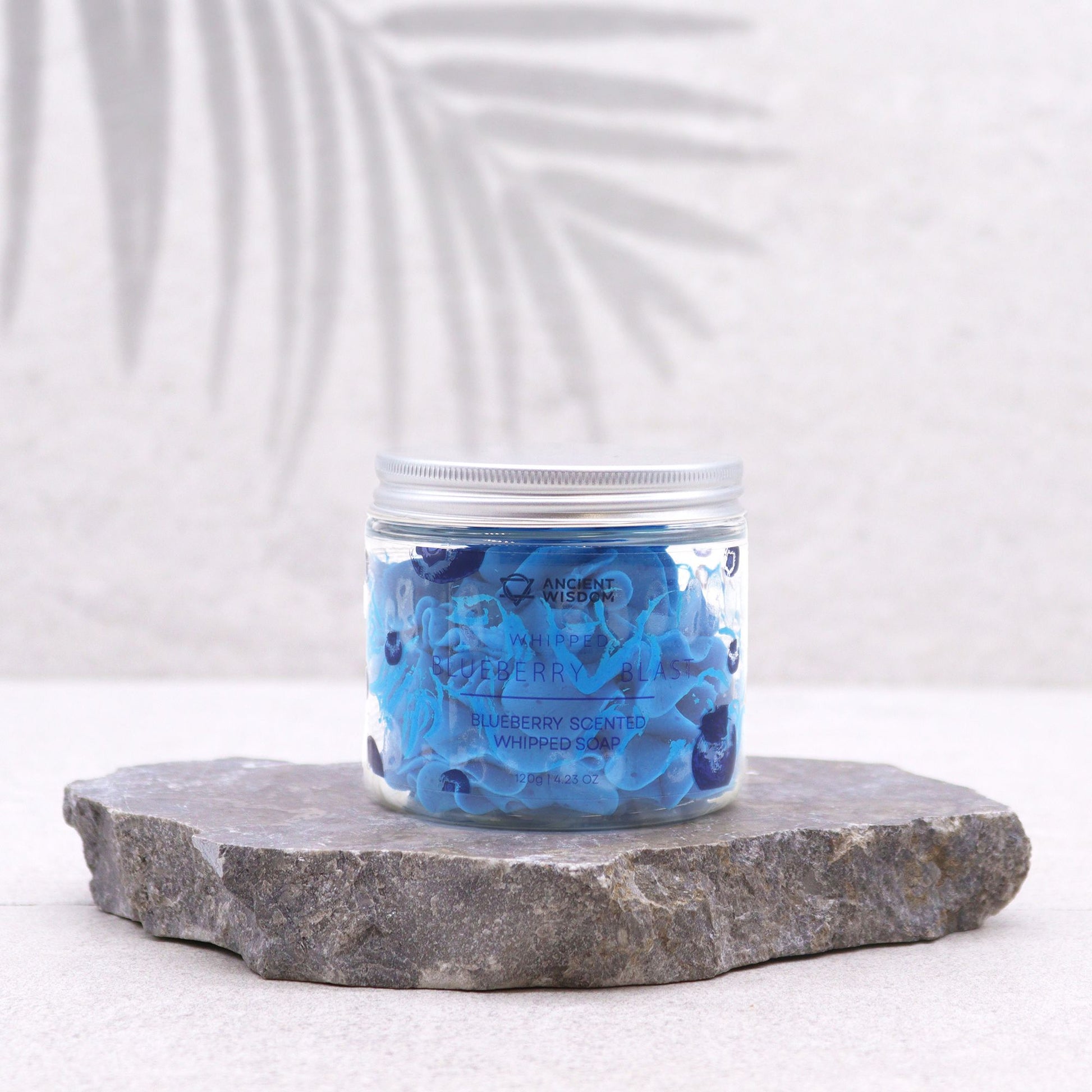 Blueberry Whipped Soap 120g in a clear jar with blue petals, vegan, cruelty-free, SLS/paraben-free.
