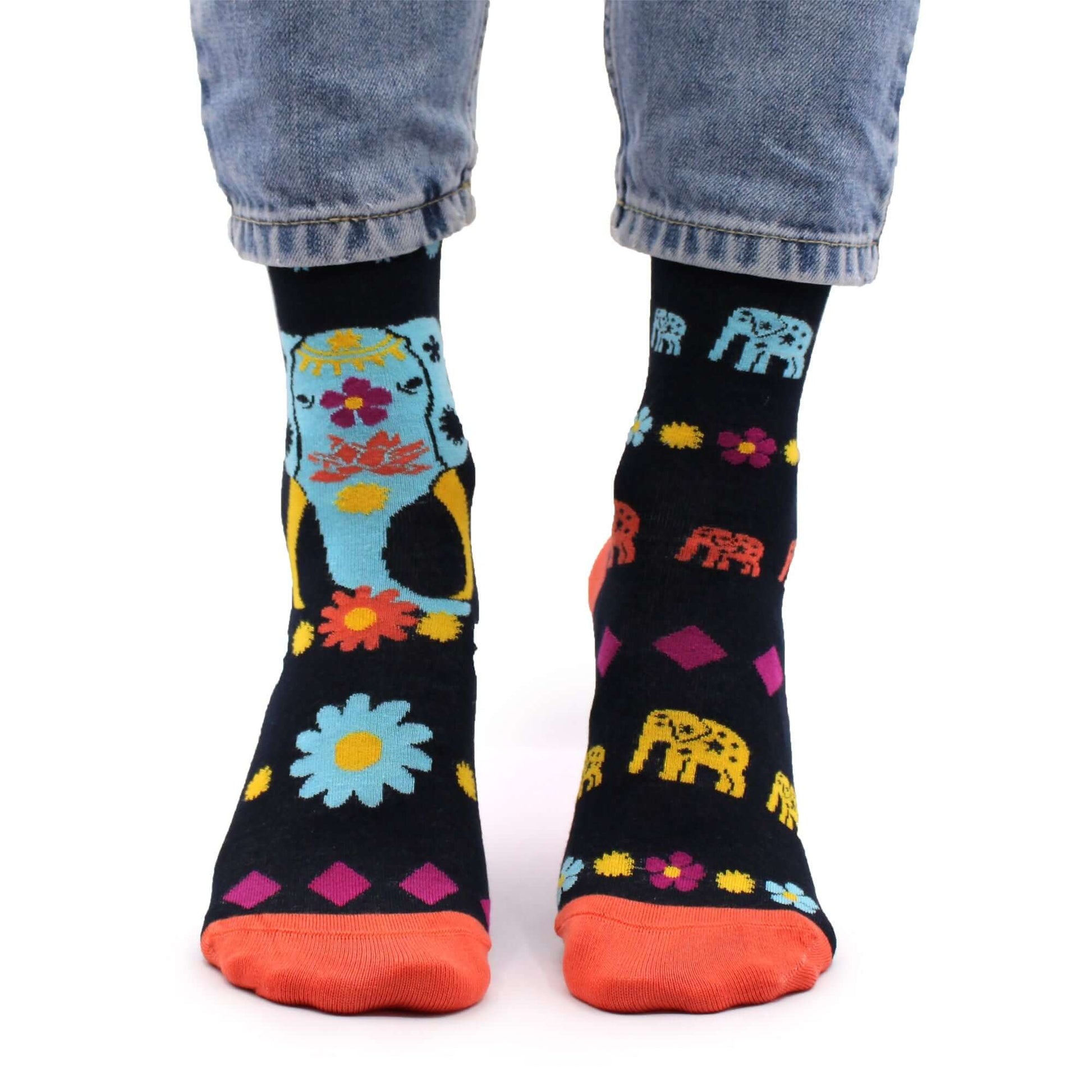 Hop Hare Bamboo Socks S/M - Cosmic Elephant with colorful elephant and flower design.