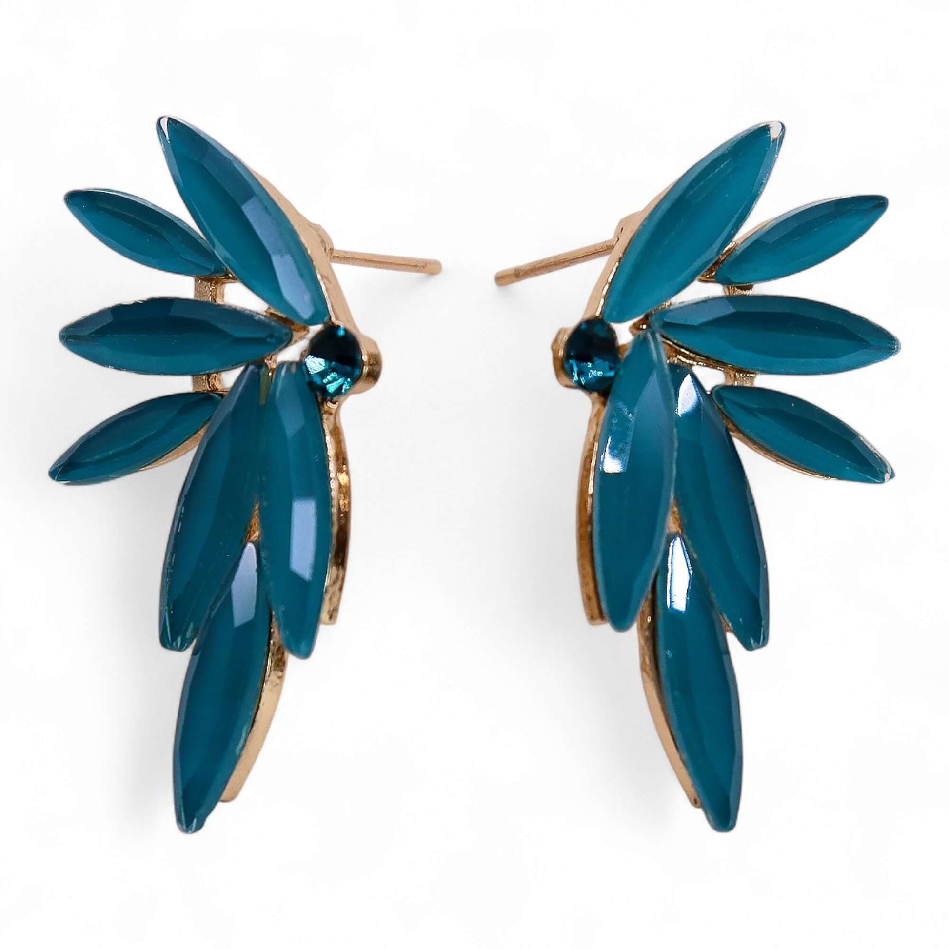 Teal green vintage glass fairy earrings with gold-tone setting and leaf-style marquise stones.