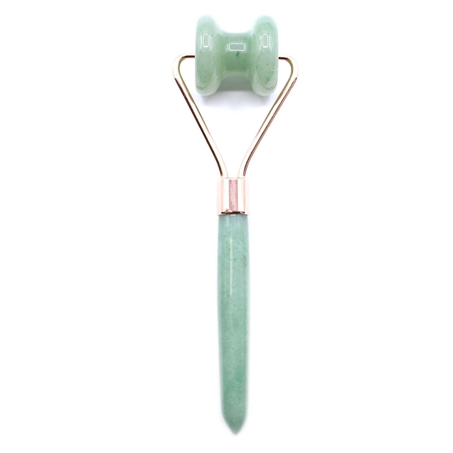 Jade Gemstone Jawline Roller for Contouring and Sculpting with brass handle and green jade roller.