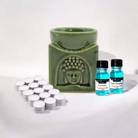 Oil Burner, Fragrance Oils & Tealights Kit featuring a dark jade square Buddha design burner and fragrance oils.