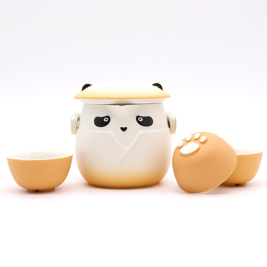 Panda Teapot Set with three cups – Orange ceramic panda tea set for cosy moments.