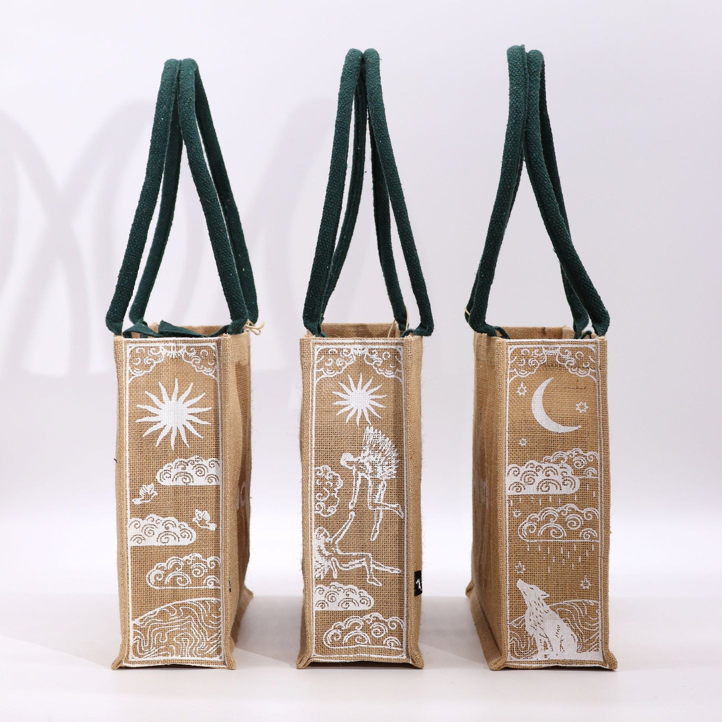 Hop Hare Jute Big Bag - I am Loved: three tarot‑inspired jute bags with Cupid, sun and moon designs and green handles