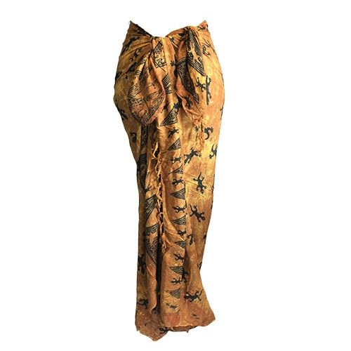 Bali Gecko Sarongs - Chocolate showcases a charming gecko pattern on a rich chocolate-brown base with elegant fringe trim.