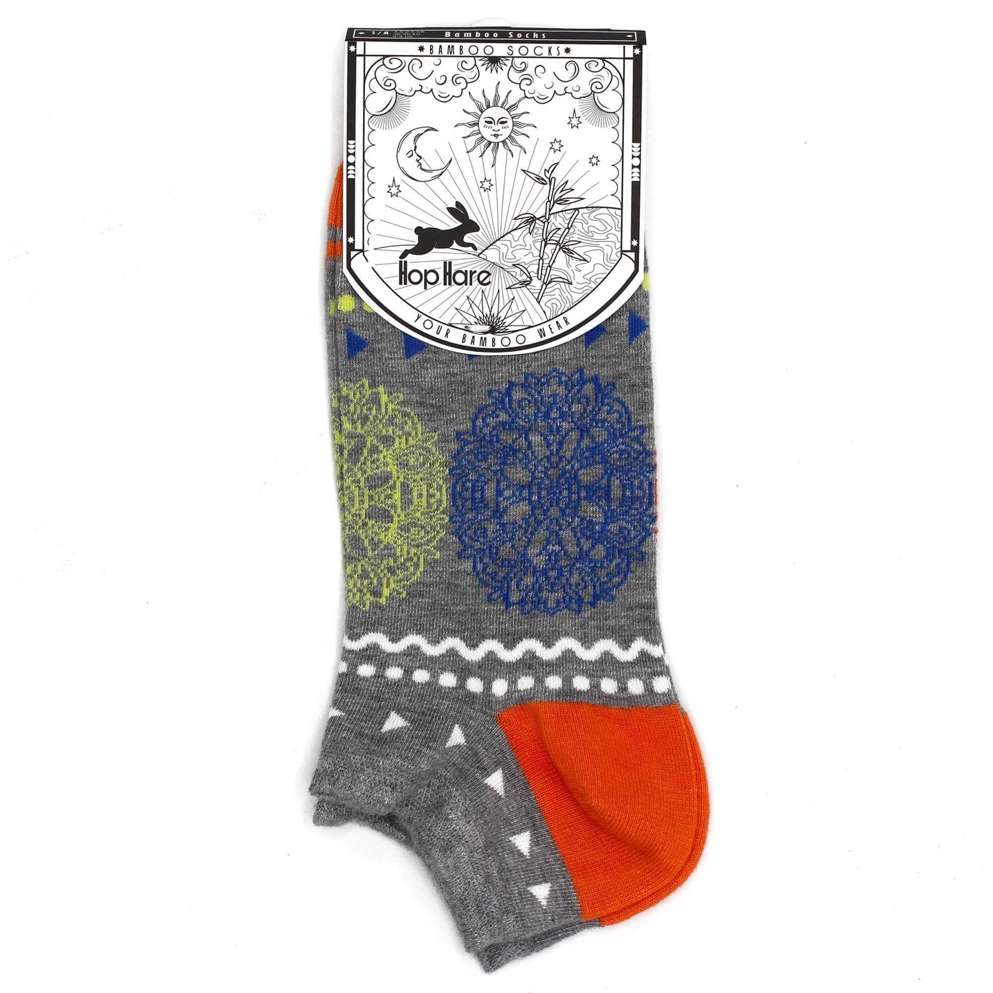 S/M Hop Hare Bamboo Socks Low (3.5-6.5) - Flowers of Life design with colorful patterns and low-cut style.
