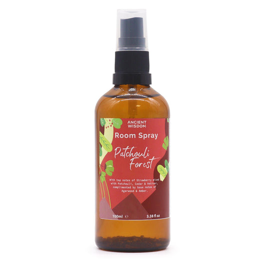 Ancient Wisdom amber spray bottle labelled Summer Room Spray - Patchouli Forest 100ml, botanical red label