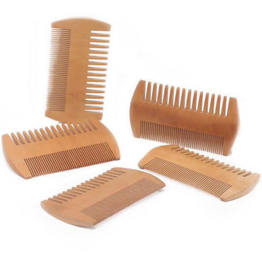Set of five bare-wood, two-sided beard combs for precise grooming.