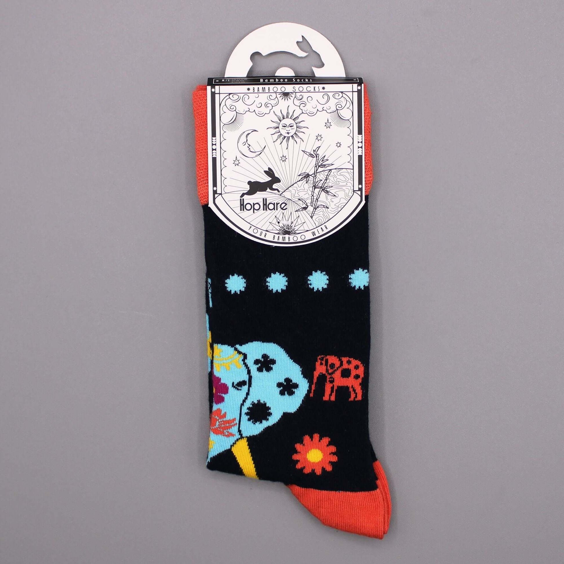 Hop Hare Bamboo Socks M/L - Cosmic Elephant in vibrant colors featuring elephants and celestial designs.