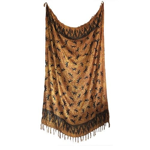 Bali Gecko Sarongs - Chocolate features a charming gecko pattern on a rich brown fabric with elegant fringe trim.