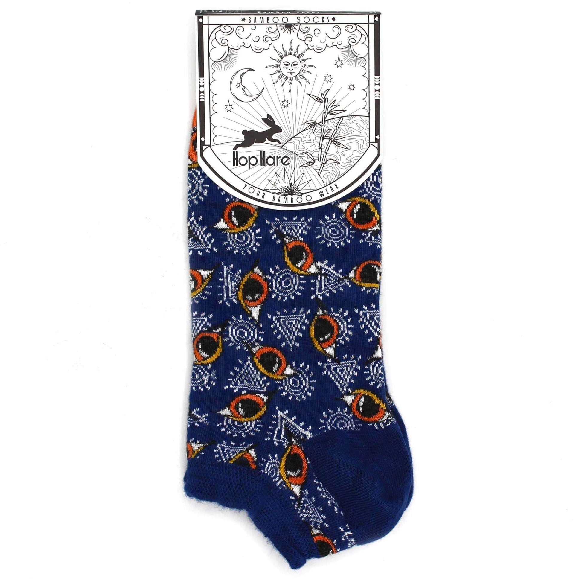 S/M Hop Hare Bamboo Socks Low (3.5-6.5) - Egyptian Pyramyds with colorful eye designs on a blue background.