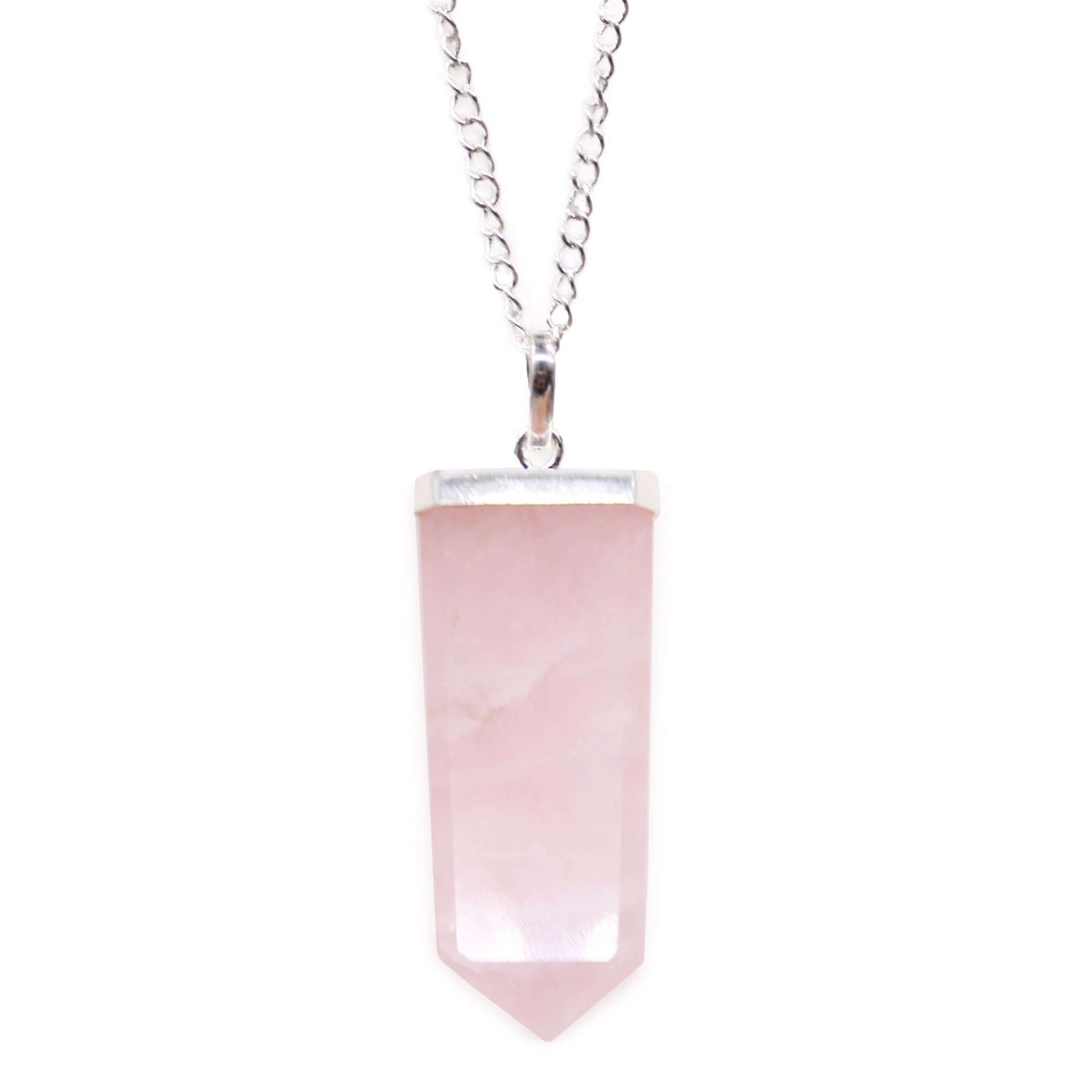 Rose Quartz Flat Pencil Pendant Necklace Gemstone Silver Plated Chain with pink hue and silver plating.
