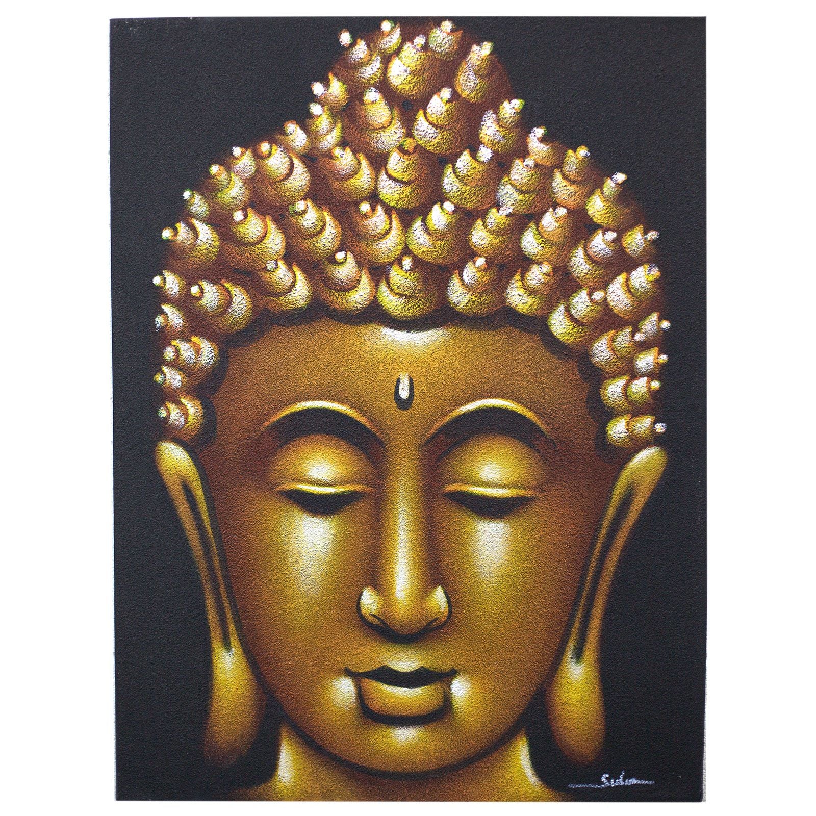 Buddha Painting - Gold Sand Finish by Balinese artisans; golden Buddha canvas with serene head for elegant home decor.