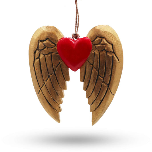 Gold Angel Wing Ornament With Red Heart & Black Detail, handcrafted decorative piece for festive décor.