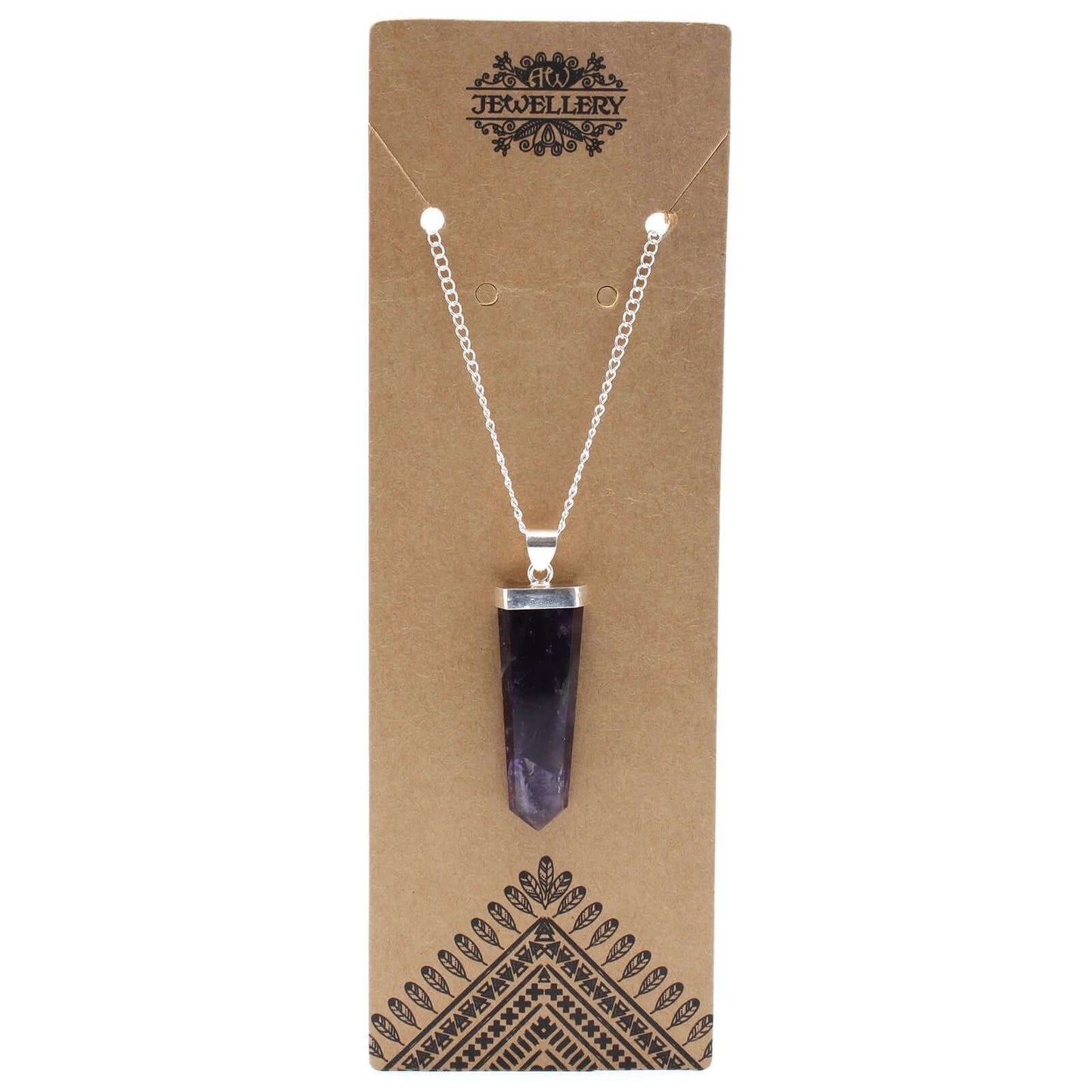 Amethyst Gemstone Flat Pencil Pendant Necklace Silver Plated displayed on jewelry card with intricate design.