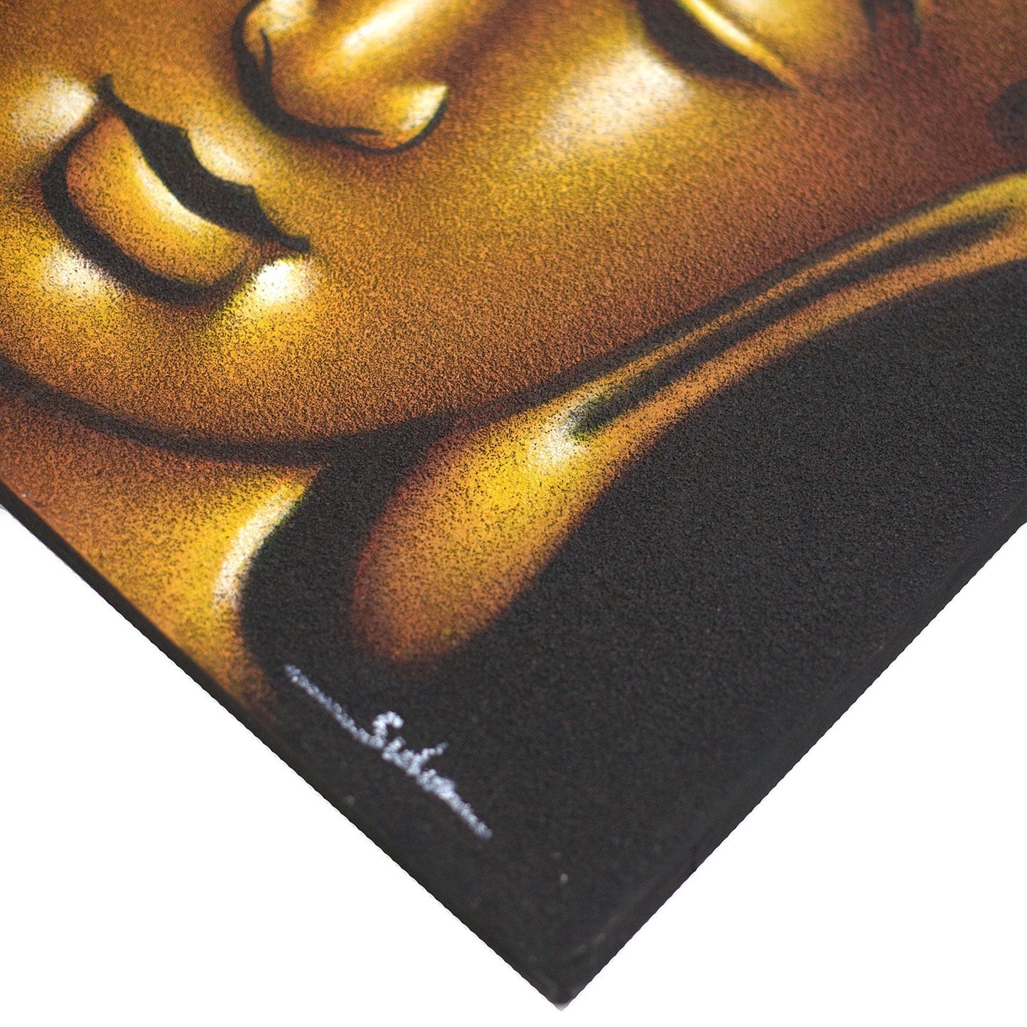 Buddha Painting - Gold Sand Finish, a golden Buddha canvas on black background, handmade by Balinese artisans.