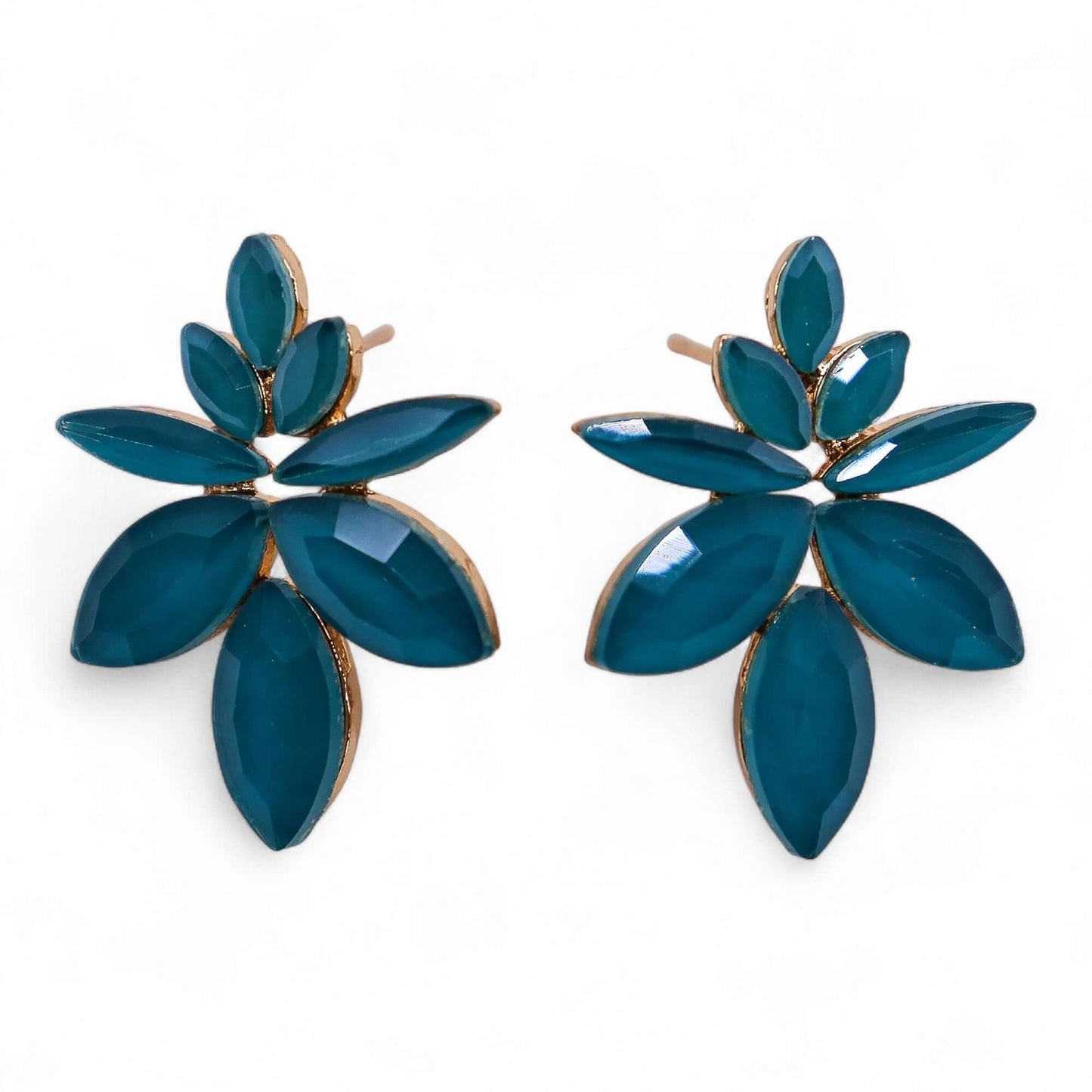 Teal green vintage glass flower earrings with a petal cluster design