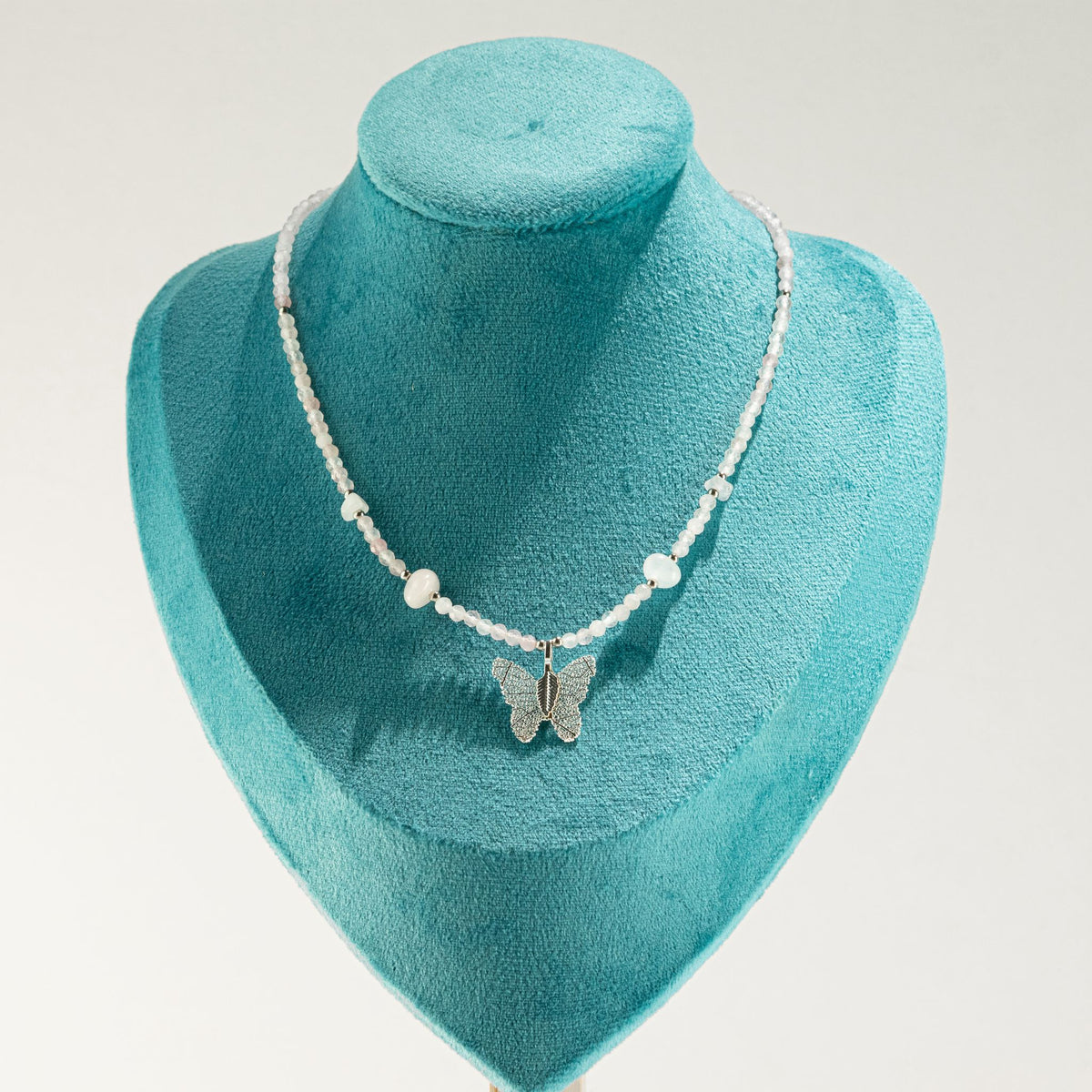 Rose Quartz Gemstone Necklace with Real Leaf Butterfly Pendant