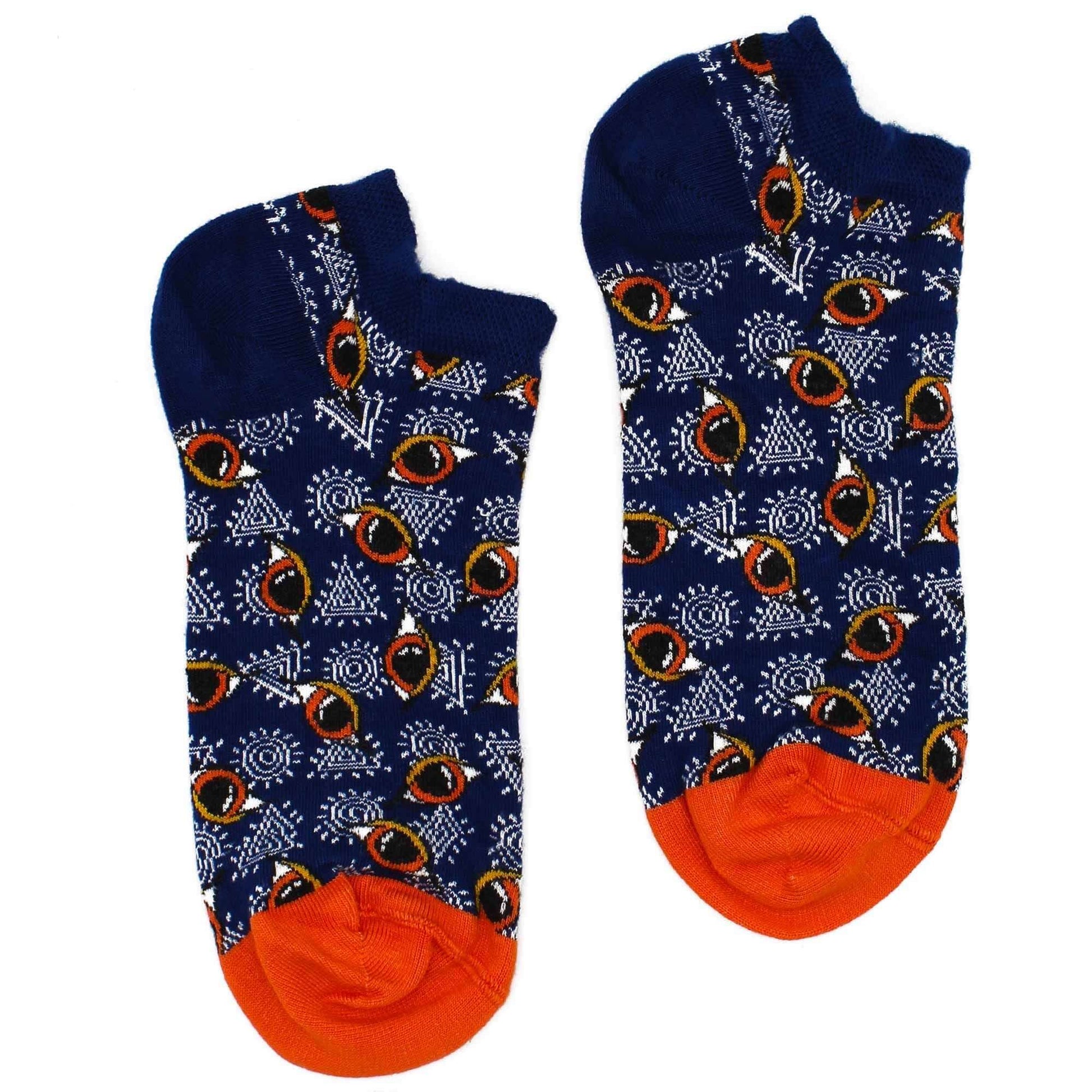 S/M Hop Hare Bamboo Socks Low (3.5-6.5) - Egyptian Pyramyds design with eye and pyramid patterns in blue and orange.