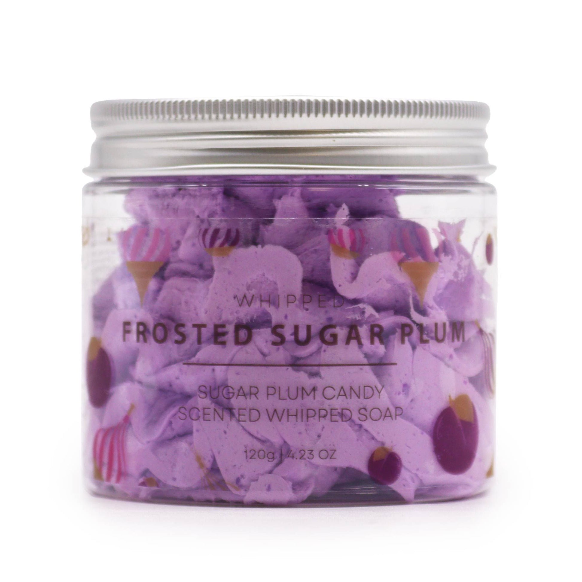 Frosted Sugar Plum Whipped Soap 120g in clear jar, purple scented whipped soap with candy graphics.
