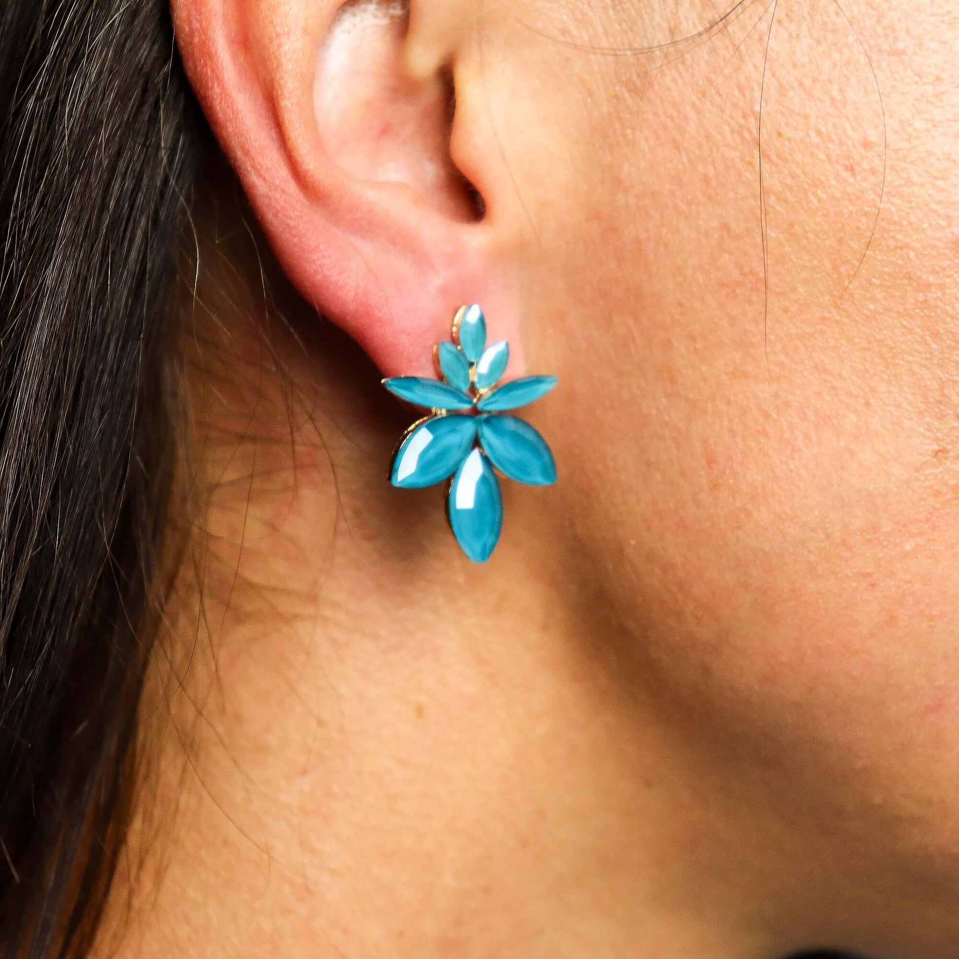 Teal green vintage glass flower earrings with stainless steel post.