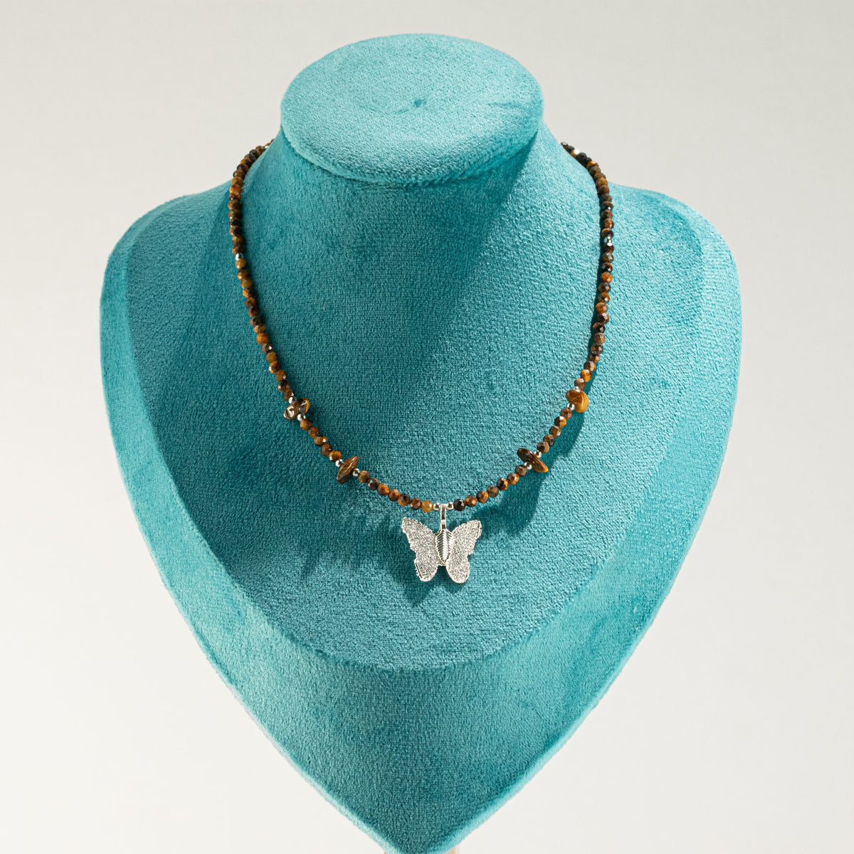 Tiger's Eye Gemstone Necklace with Real Leaf Butterfly Pendant