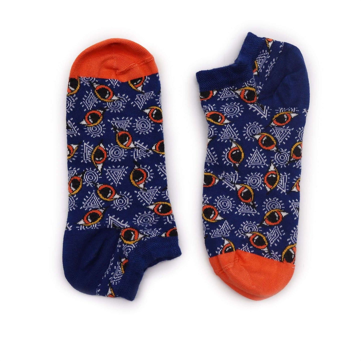 S/M Hop Hare Bamboo Socks Low (3.5-6.5) - Egyptian Pyramyds with colorful eye design on navy background.