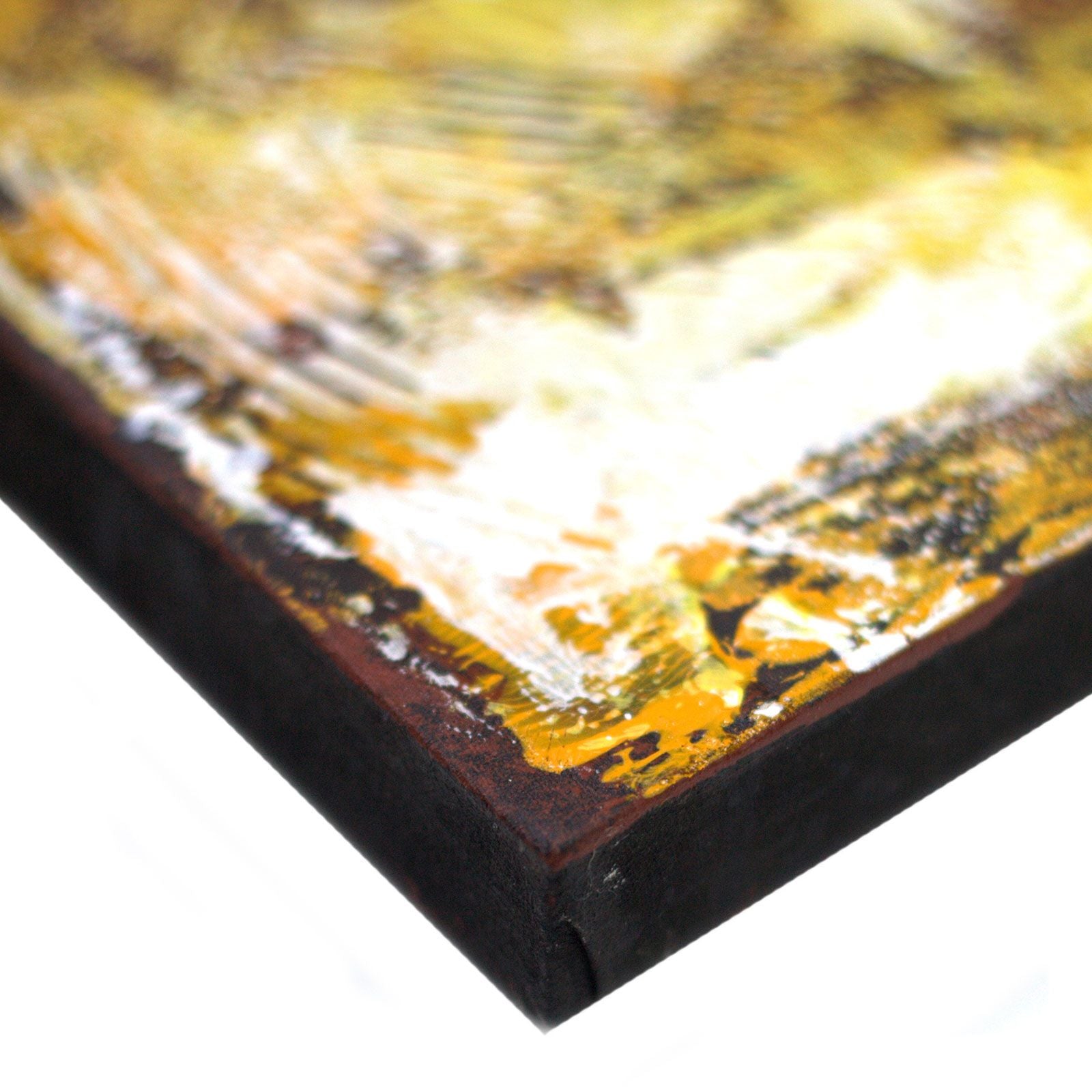 Buddha Painting - Gold Sand Finish: close-up of textured gold impasto on black canvas edge, Balinese handmade.
