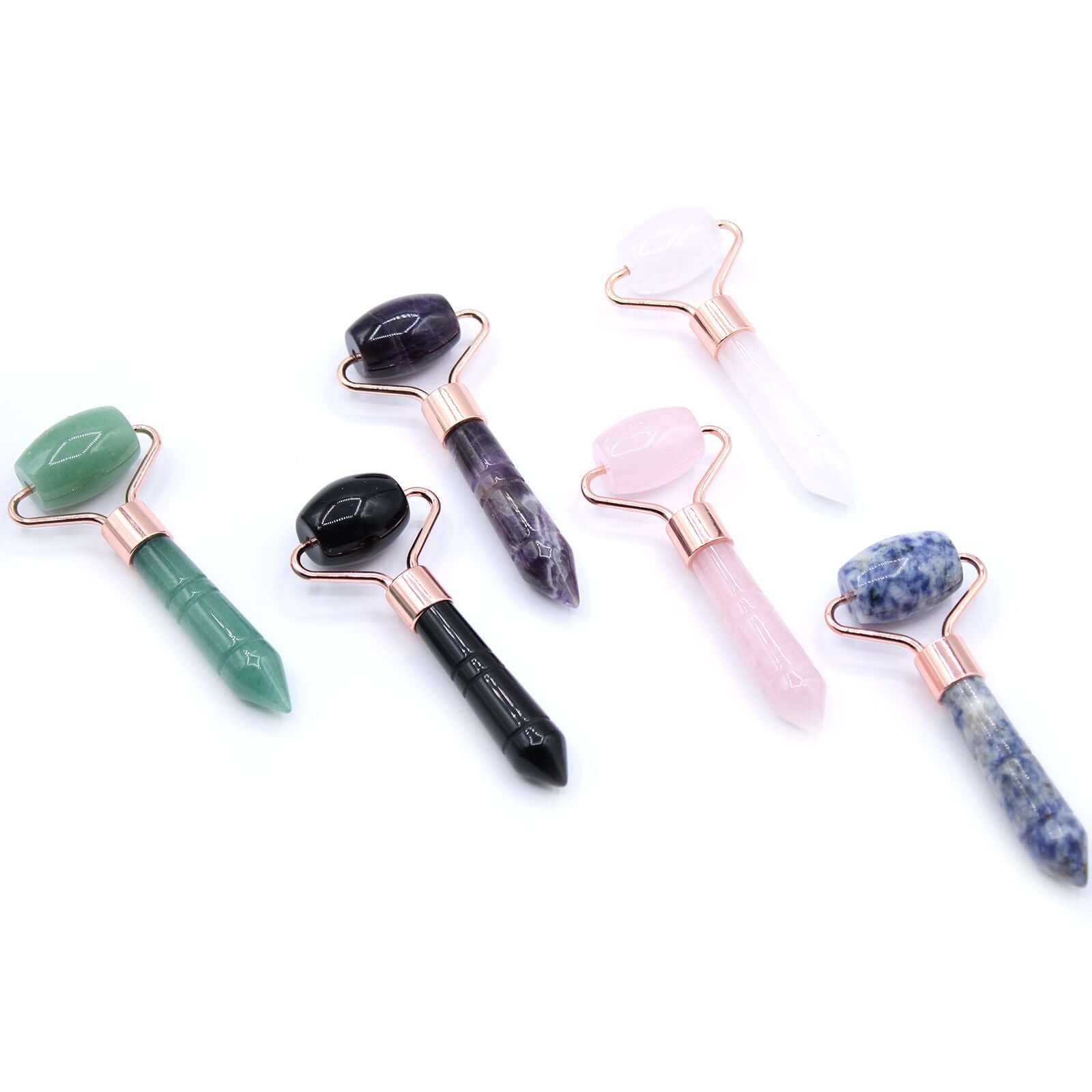 Gemstone Mini Jade Roller For Facial Massage Travel Size in assorted colors and styles, perfect for skincare on the go.