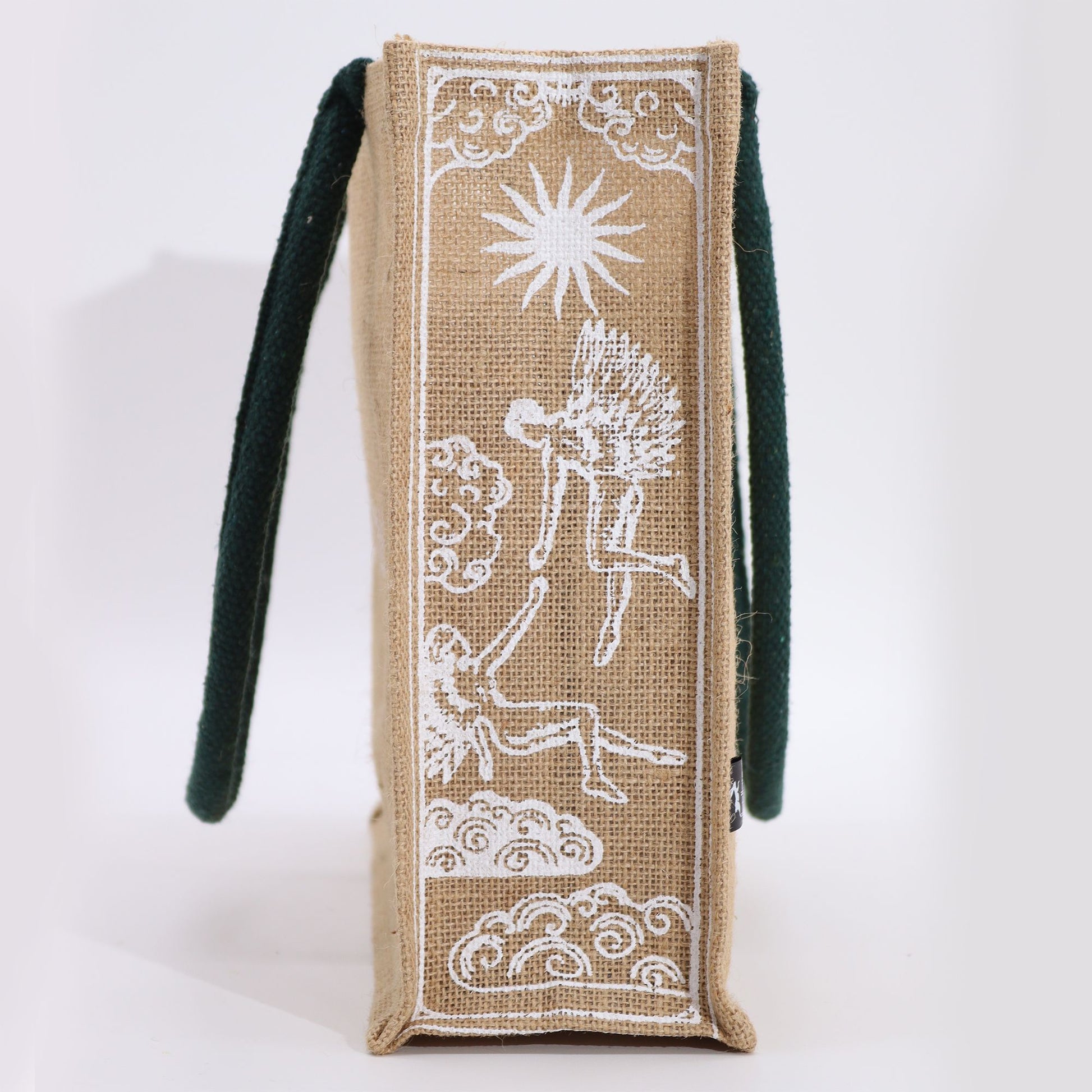Hop Hare Jute Big Bag - I am Loved with tarot-inspired Cupid and lovers print, green handles, Hop Hare.