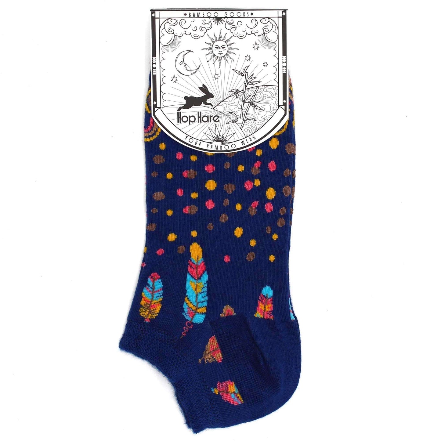 M/L Hop Hare Bamboo Socks Low (7.5-11.5) - Indian Feathers featuring colorful feather design.