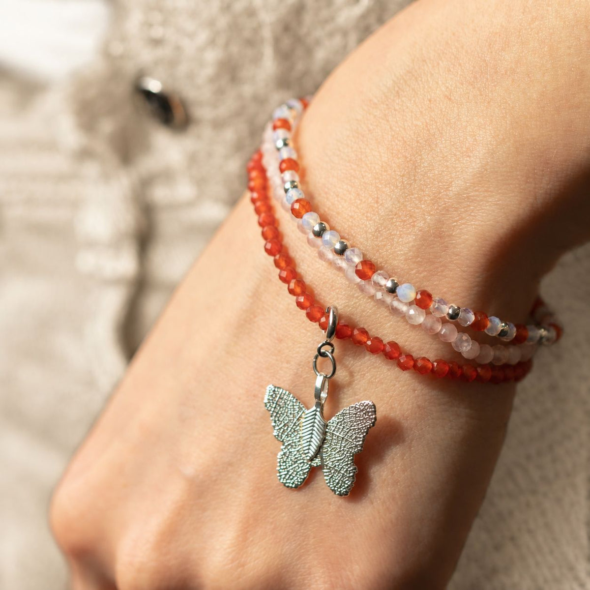 Rose Quartz & Ruby Gemstone Bracelet Set with Butterfly Charm