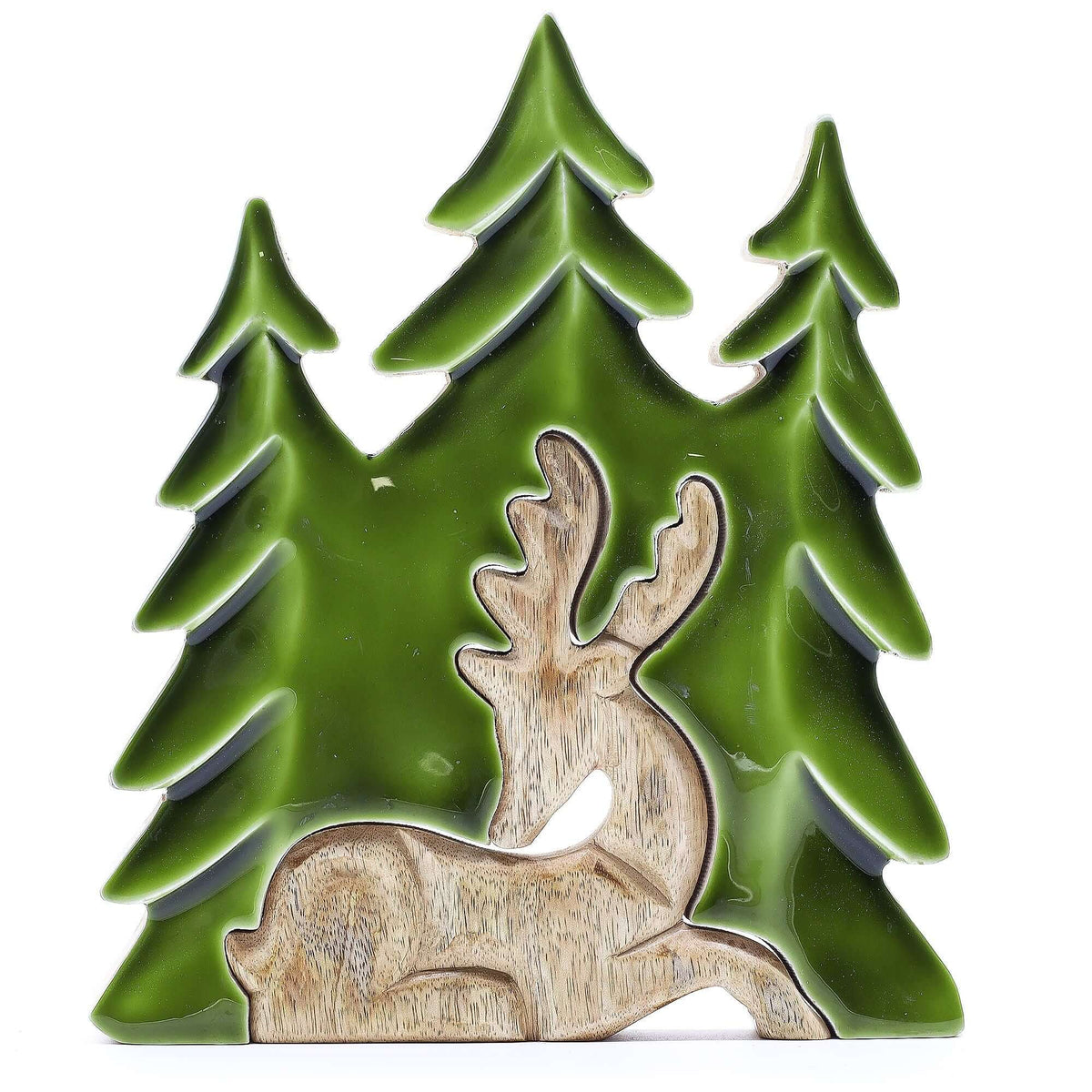 Lost in the Forest 3D wooden stag ornament amid green trees, 23x20cm, handcrafted in India.