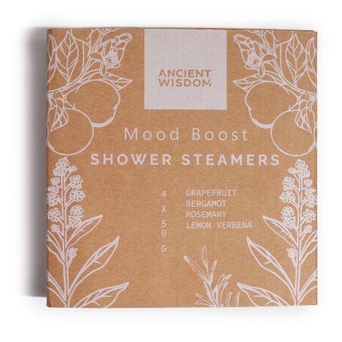 Zen Shower Steamers - Therapy Wellness Gift Set - Mood Boost by Ancient Wisdom, featuring uplifting essential oils in a gift pack.