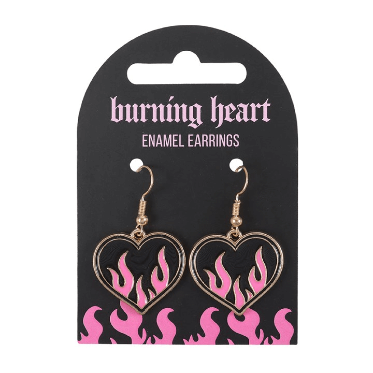 Burning Heart Earrings on a card with pink and black flame design, showcasing rebellious Y2K statement jewellery.