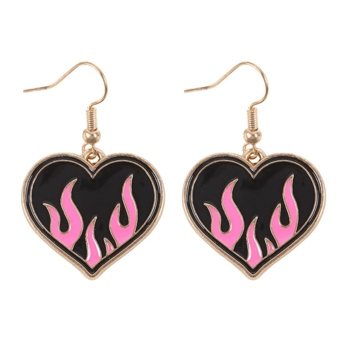 Burning Heart Earrings featuring pink and black flame enamel design for statement jewellery.