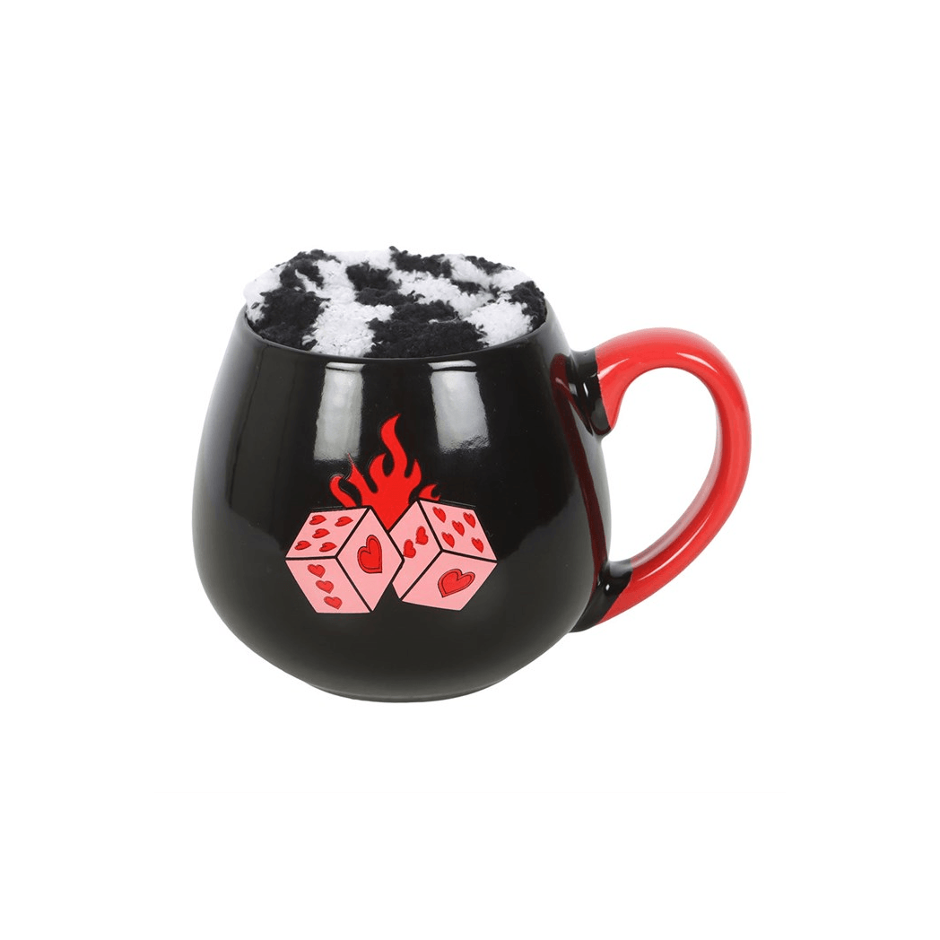 Black Flaming Dice Mug and Checkerboard Socks Gift Set 500ml