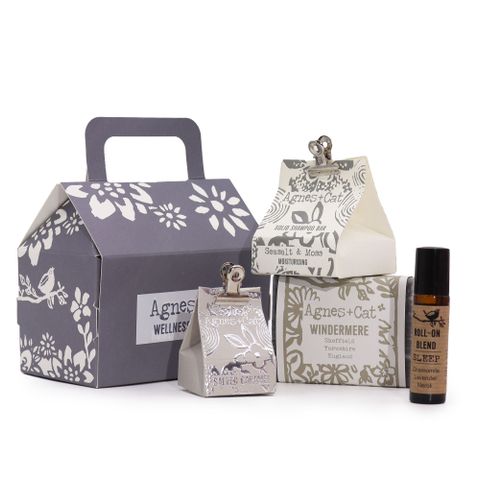 Agnes & Cat Wellness Gift Set - Lake Breeze features soothing soap, shampoo, lip balm, and essential oil blend.