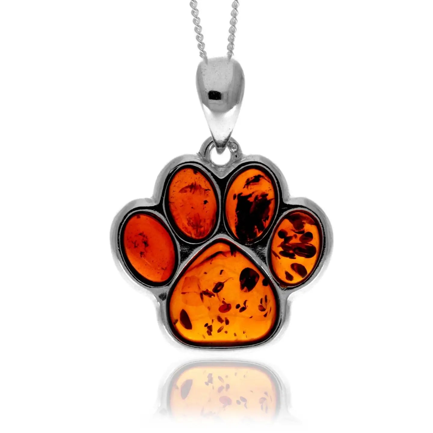 925 Sterling Silver Genuine Baltic Amber Paw Pendant Necklace with 18" Chain