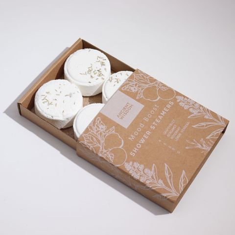 Zen Shower Steamers - Therapy Wellness Gift Set - Mood Boost, featuring 4 vegan-friendly steamers in gift packaging.