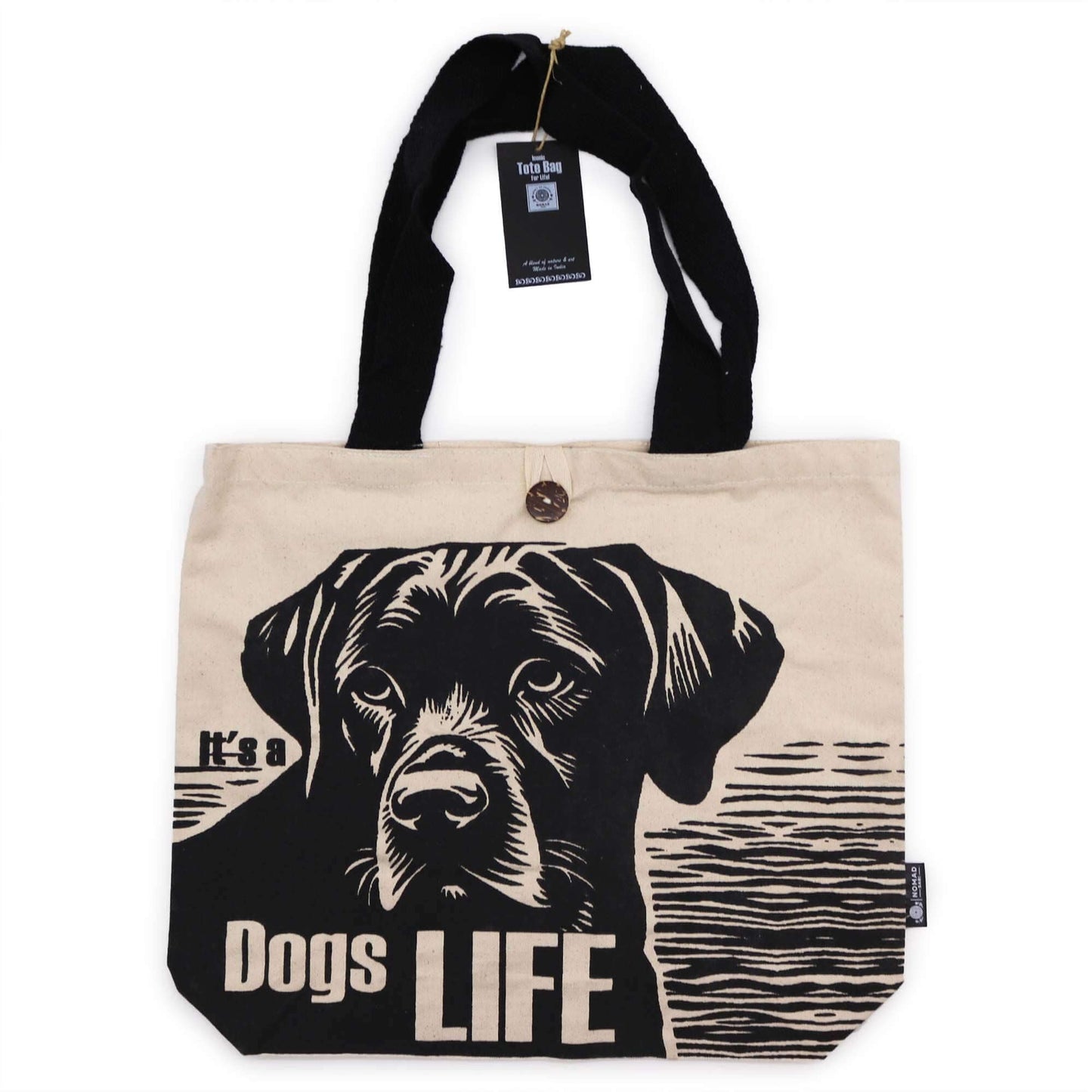 Iconic Classic Tote Bag - It's a Dogs Life - White 10oz featuring a dog graphic and sturdy black handles.