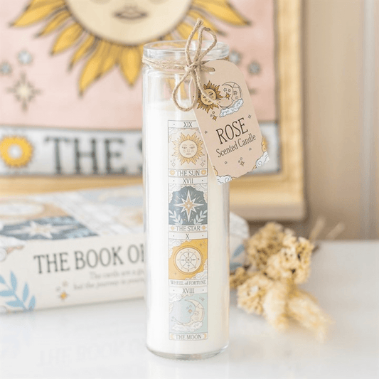 Vintage Rose Scented Tarot Card Tube Candle For Mystical Decor With 70 Hour Burn Time.