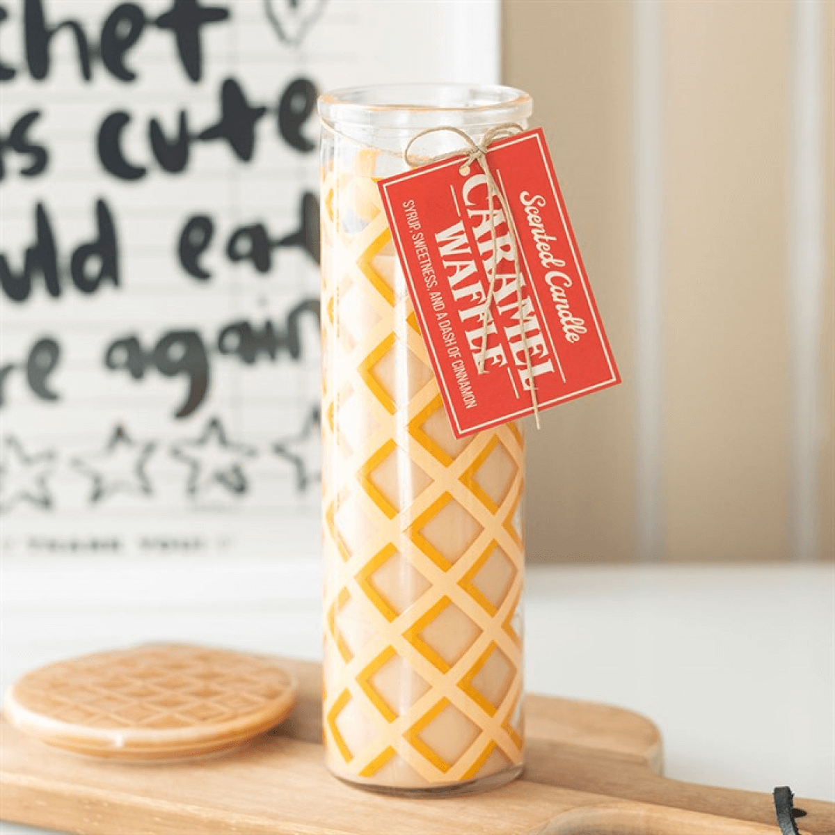 Caramel Waffle Scented Tube Candle 55 Hours Burn Time displayed with waffle pattern and tag.