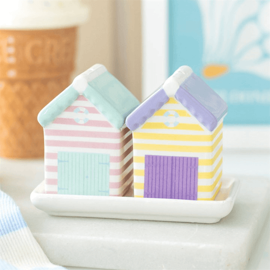 Pastel Beach Hut Salt And Pepper Shakers With Tray Ceramic displayed on a matching tray with soft pastel colors.