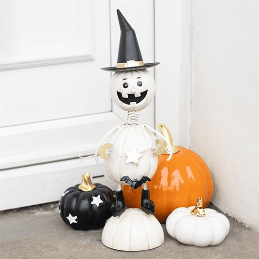 White Metal Pumpkin Man Ornament With Witch Hat For Outdoor Halloween Decor 41cm Tall