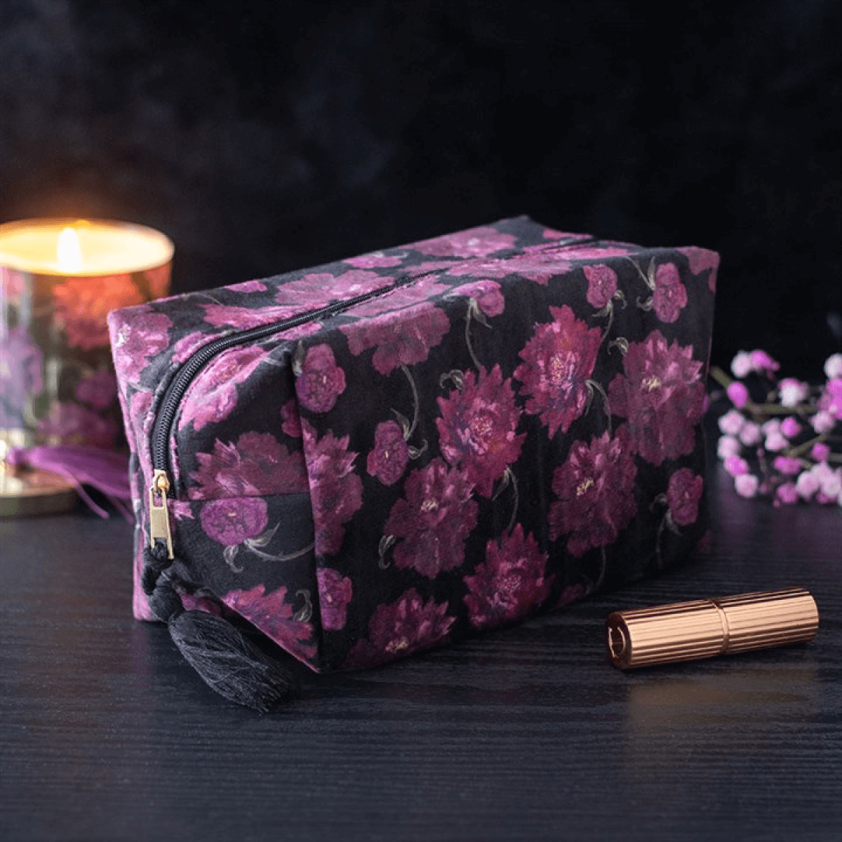 Dark Romance Floral Print Makeup Bag Gothic Cosmetic Case with purple floral design, zip closure, and decorative tassel.