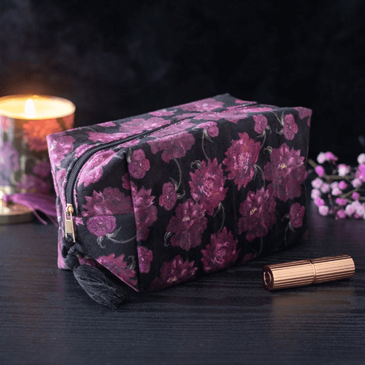 Dark Romance Floral Print Makeup Bag Gothic Cosmetic Case with purple floral design, zip closure, and decorative tassel.