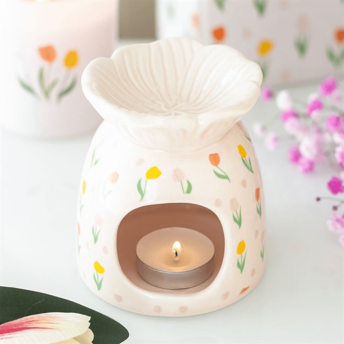 Hand Painted Tulip Print Ceramic Oil Burner And Wax Warmer with colorful tulip design and tea light candle.