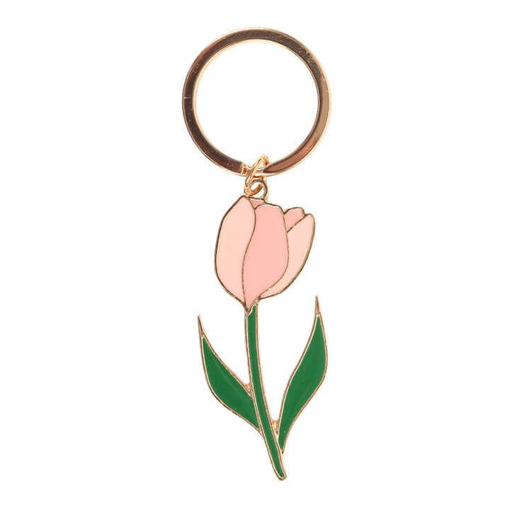Pink Tulip Keyring - Charming metal alloy keyring with enamel coating and split ring attachment.