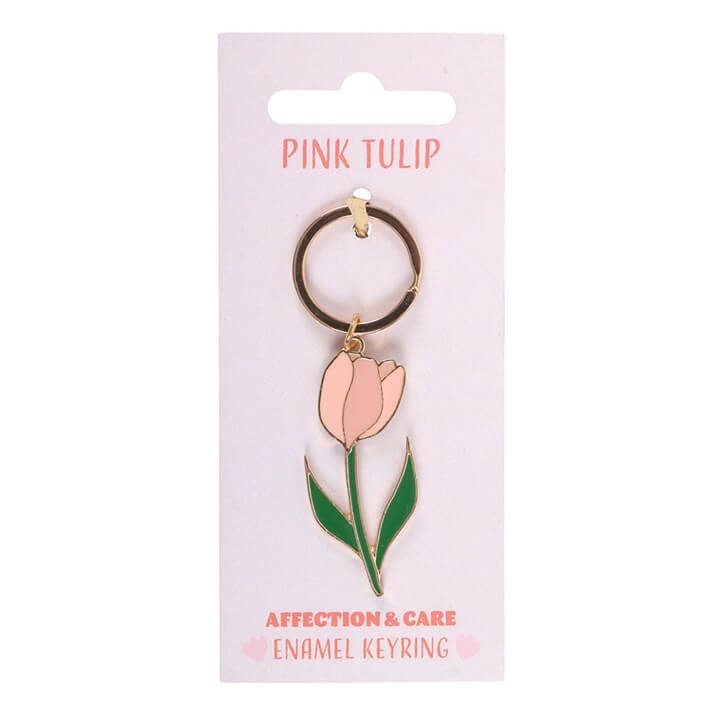 Pink Tulip Keyring displayed on packaging with a pink tulip floral design and split ring attachment.